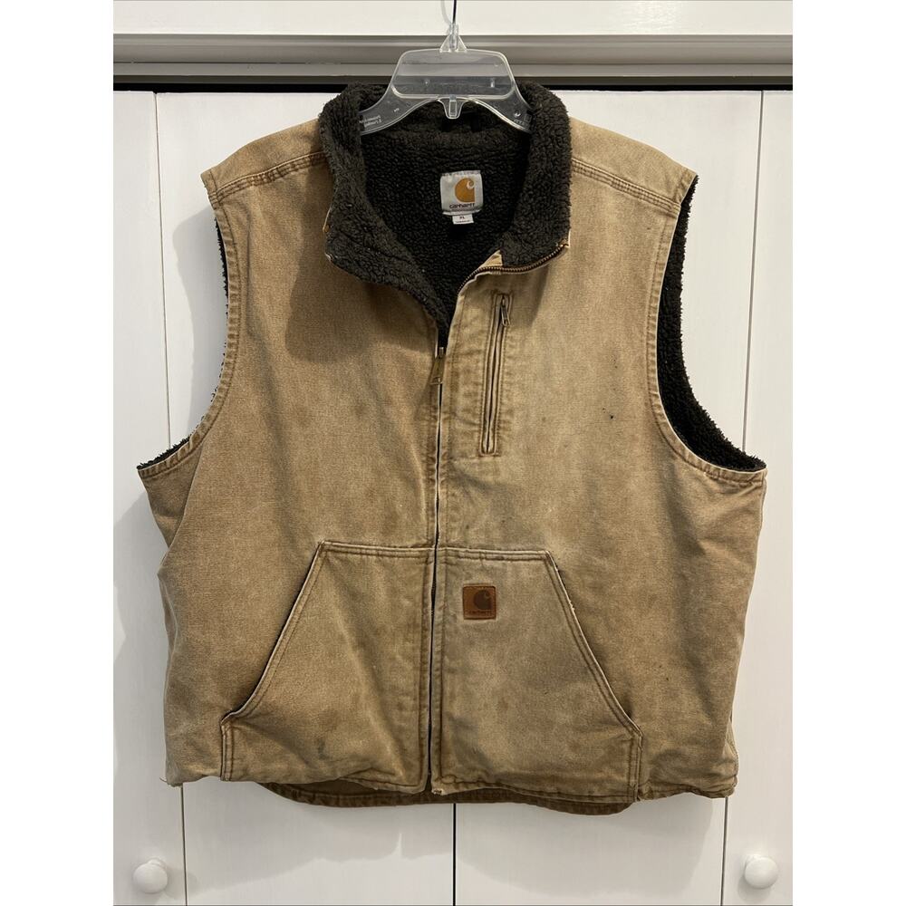 Carhartt V33-211 Thrashed & Faded Brown Mock Neck Sherpa Lined Work Vest Size XL